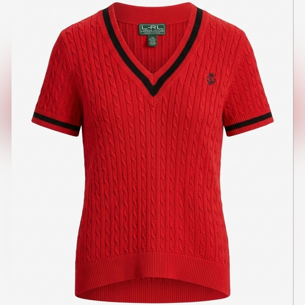 Ralph Lauren Red Cable Knit V-Neck Sweater 100% Cotton Sz L Womens